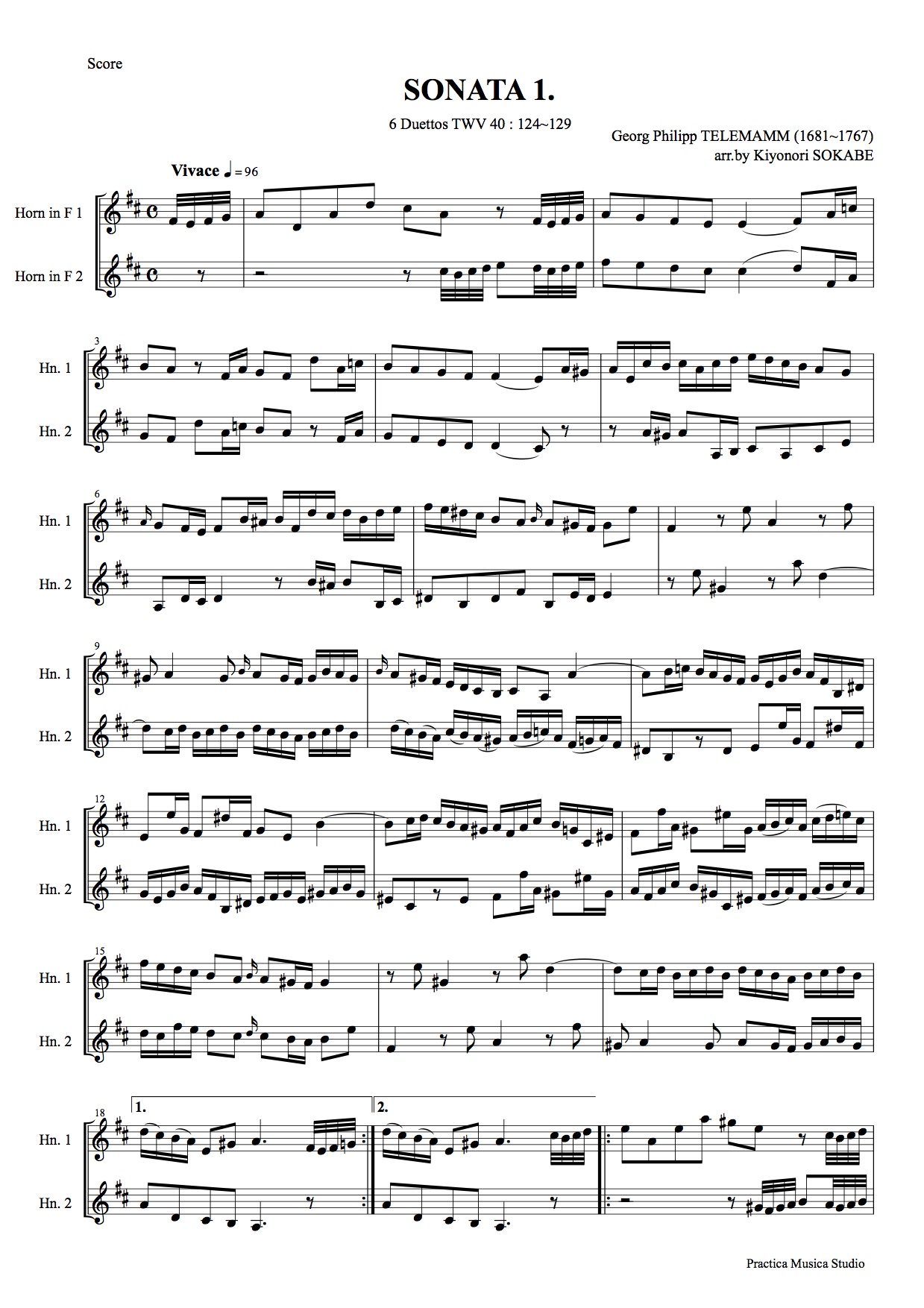 デュオソナタ第１番〜２本のホルンのための (テレマン) 管楽 - 二重奏 | 現代日本の音楽の楽譜 | SOKABE Music Publishing